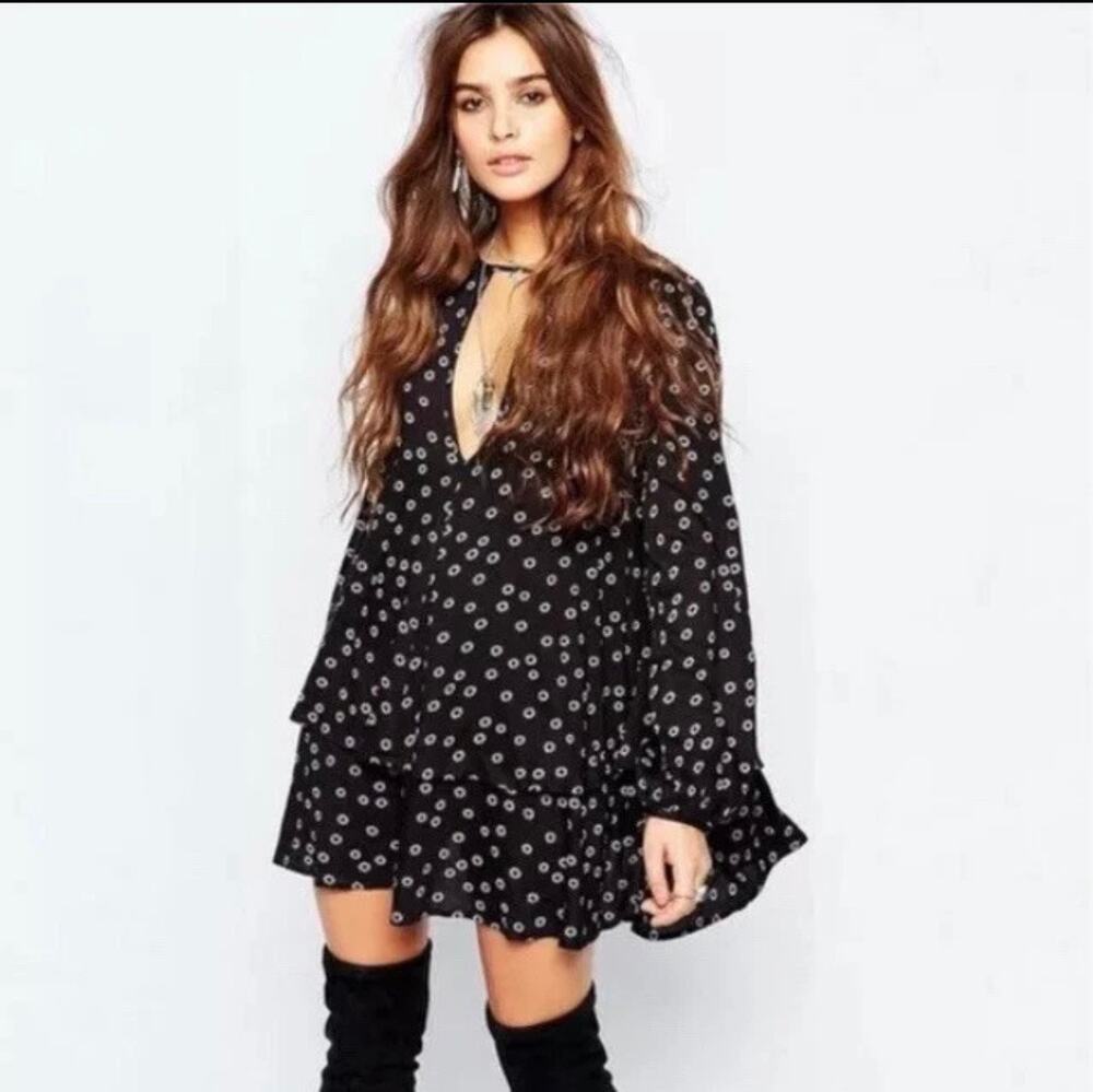 Free People Beck Dress Black Print Keyhole Neck Tunic Small